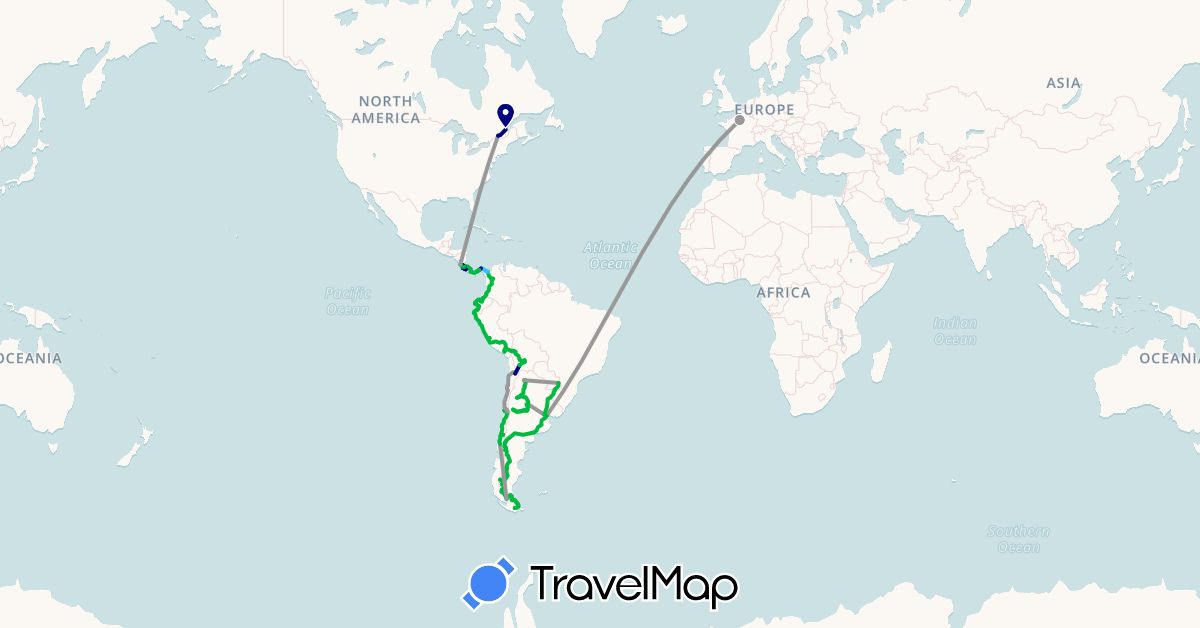 TravelMap itinerary: driving, bus, plane, boat in Argentina, Bolivia, Canada, Chile, Colombia, Costa Rica, Ecuador, France, Panama, Peru (Europe, North America, South America)